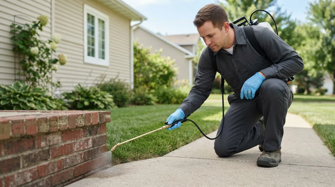 Pest control technician treating a home near Commerce, TX