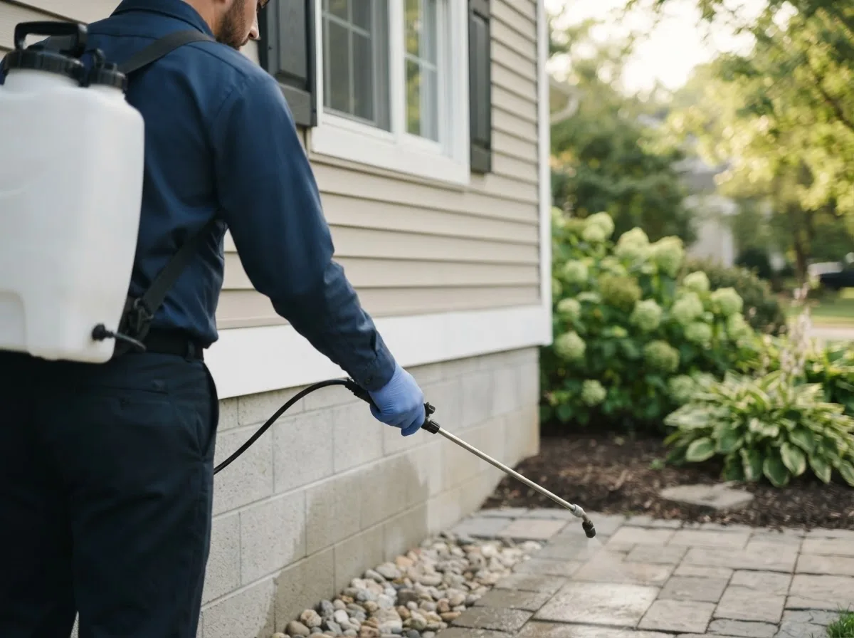 Pest control technician inspecting a home in Commerce, TX
